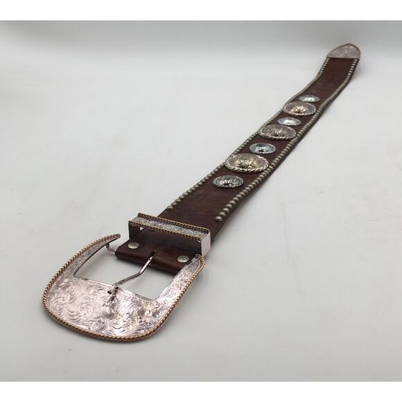 Al Beres Oversized Brown Leather Sterling Plate Western Belt Embossed Flowers - Picture 1 of 10